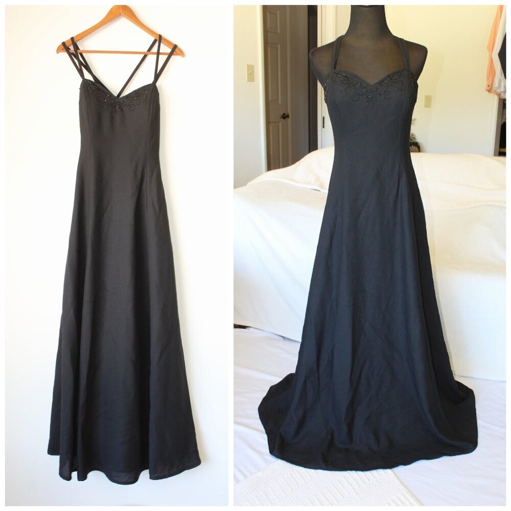 VTG Nina Canacci Black Beaded Maxi Dress Size 11 Whimsigoth Grunge Y2K Sleeveles